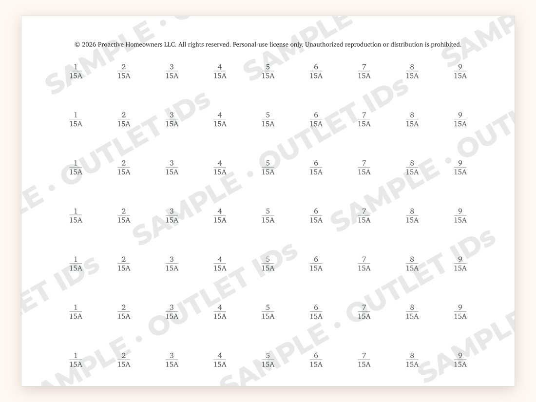 Close-up of a Clear Label sheet with numbered 15A receptacle labels