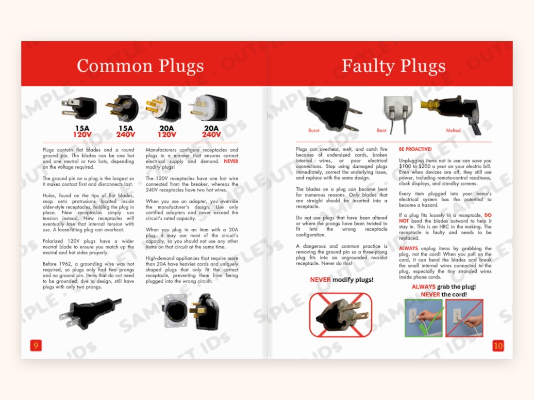 Common plugs and faulty plugs reference pages from the book, shown side by side