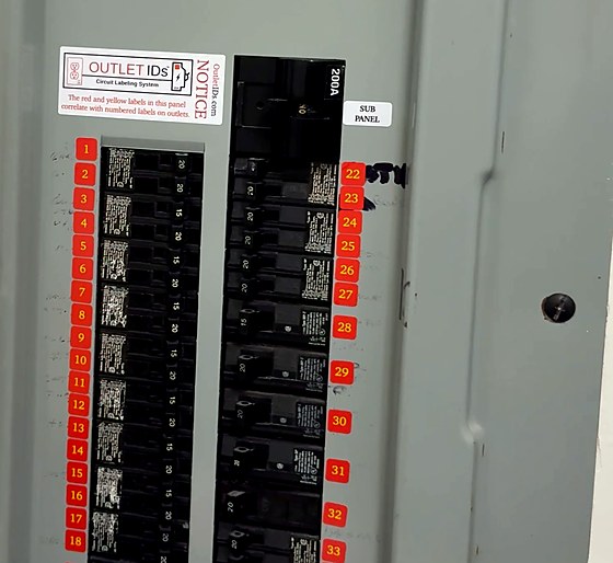 A breaker panel with every breaker numbered by Breaker Labels, plus the OUTLET IDs notice label on the panel