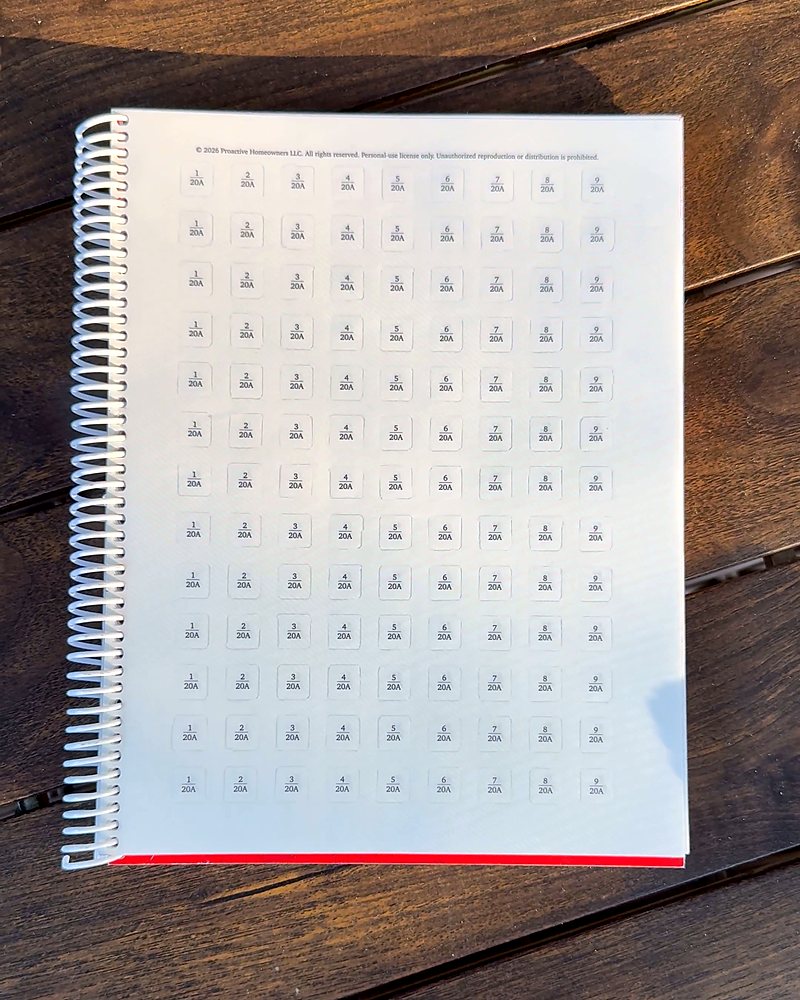 A sheet of OUTLET IDs Clear Labels, numbered with 15A and 20A ratings, laid on the open book
