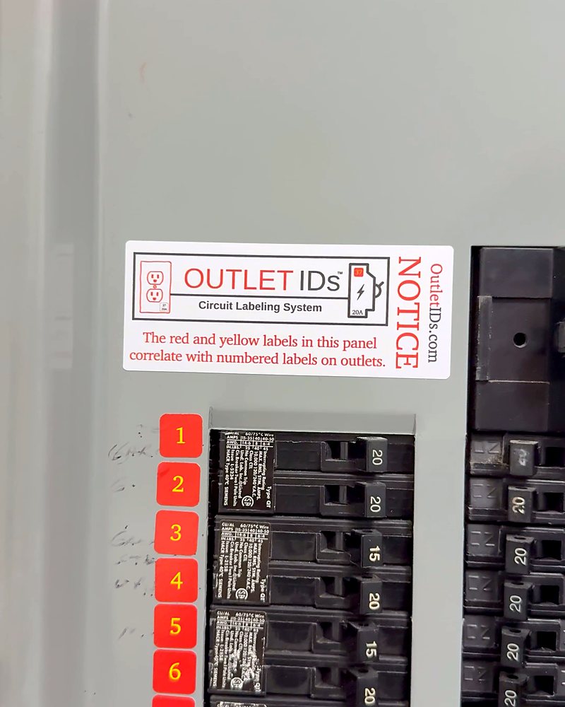 The OUTLET IDs NOTICE Label inside the panel above numbered breakers